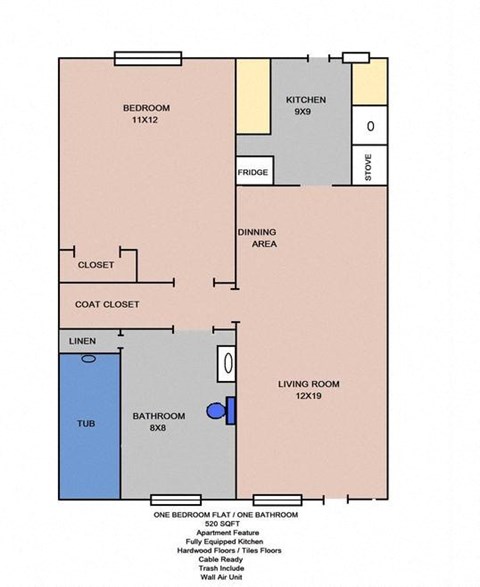 Floor plan for 1 bed, 1 bath, 520 sqft